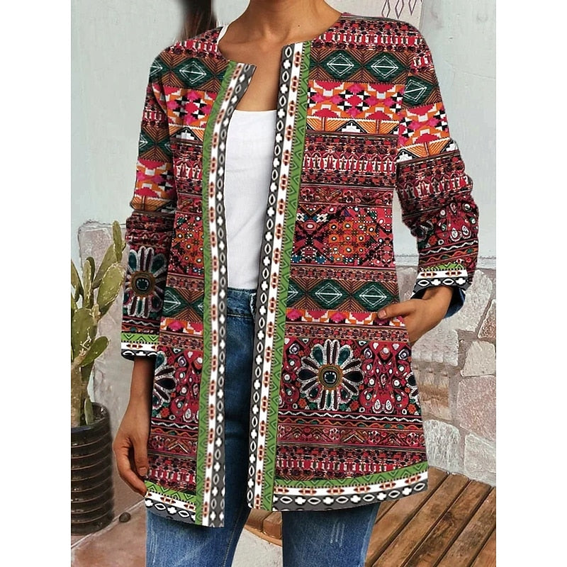 Boho Open-Front Jacket Women's Ethnic Print Long Sleeve – Casual, Layering, Gift