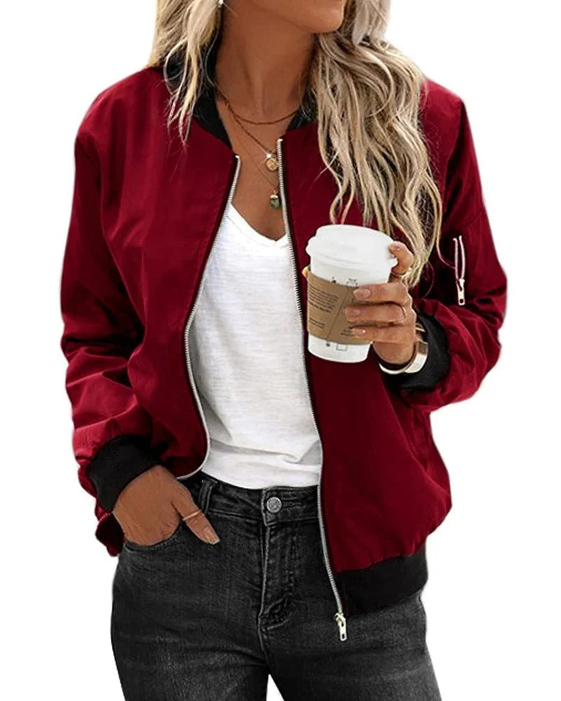 Bomber Jacket Women's Green Zip-Up with Ribbed Trim – Casual, Office · Faylori