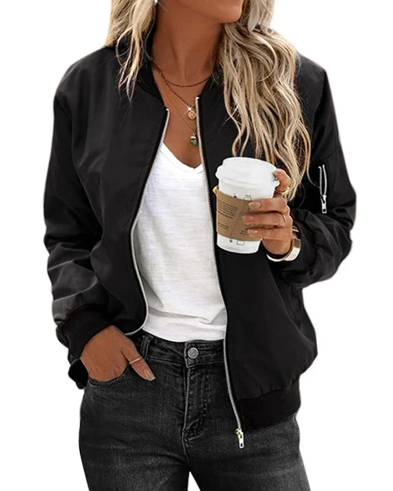 Bomber Jacket Women's Green Zip-Up with Ribbed Trim – Casual, Office · Faylori