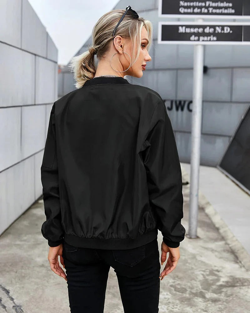 Bomber Jacket Women's Green Zip-Up with Ribbed Trim – Casual, Office · Faylori
