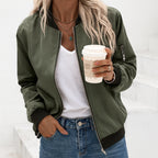 Bomber Jacket Women's Green Zip-Up with Ribbed Trim – Casual, Office · Faylori