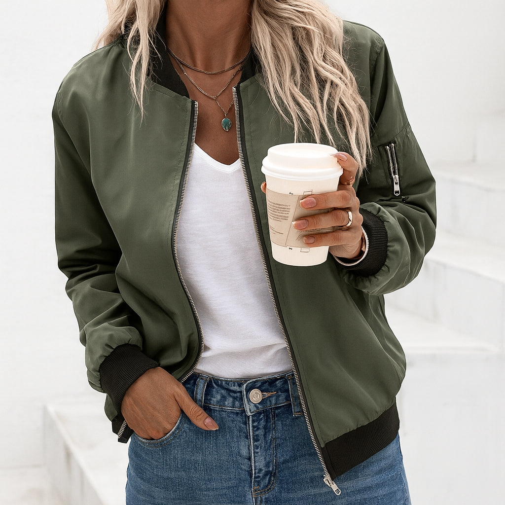 Bomber Jacket Women's Green Zip-Up with Ribbed Trim – Casual, Office · Faylori