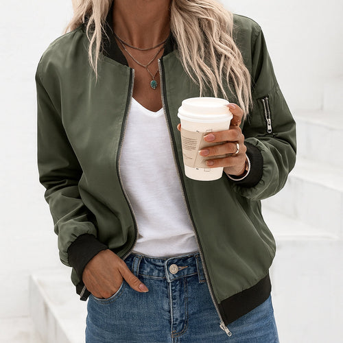 Bomber Jacket Women's Green Zip-Up with Ribbed Trim – Casual, Office · Faylori
