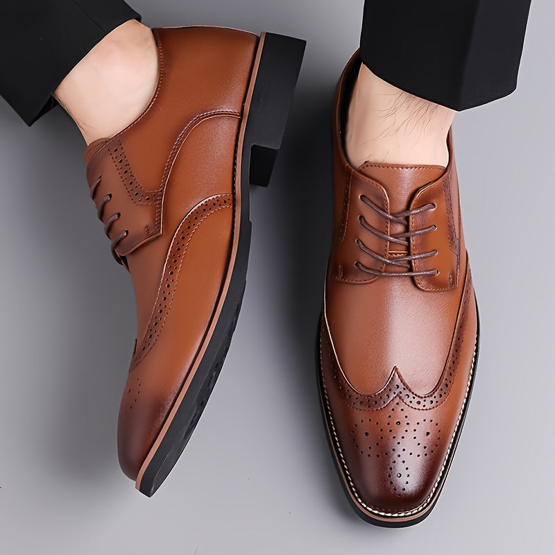 Brogue Dress Shoes Men's Black Leather Lace-Up Wingtip Oxfords – Office, Wedding, Formal, Business Gift