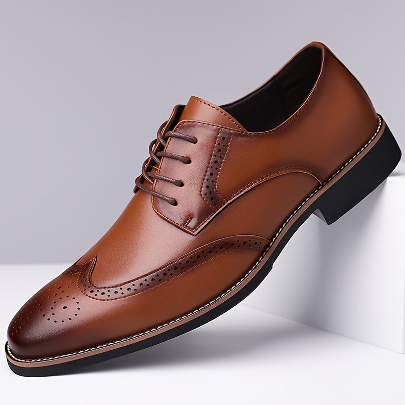 Brogue Dress Shoes Men's Black Leather Lace-Up Wingtip Oxfords – Office, Wedding, Formal, Business Gift