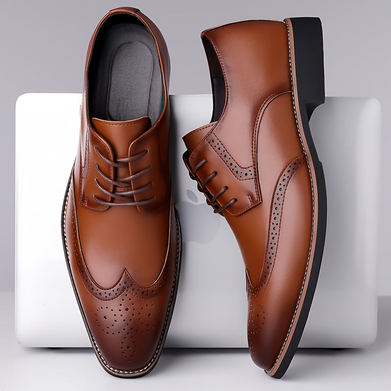 Brogue Dress Shoes Men's Black Leather Lace-Up Wingtip Oxfords – Office, Wedding, Formal, Business Gift