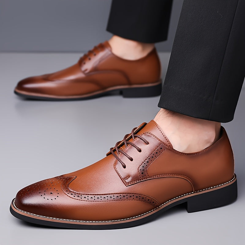 Brogue Dress Shoes Men's Black Leather Lace-Up Wingtip Oxfords – Office, Wedding, Formal, Business Gift