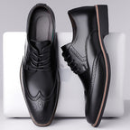 Brogue Dress Shoes Men's Black Leather Lace-Up Wingtip Oxfords – Office, Wedding, Formal, Business Gift