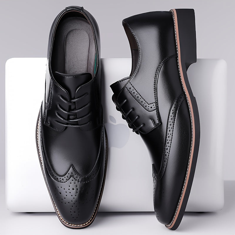 Brogue Dress Shoes Men's Black Leather Lace-Up Wingtip Oxfords – Office, Wedding, Formal, Business Gift