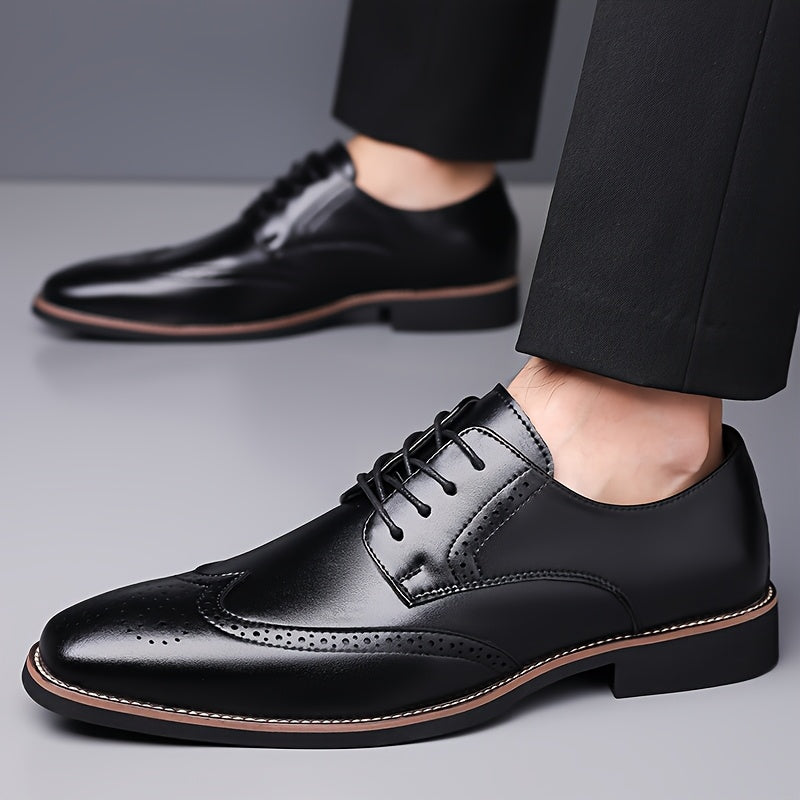 Brogue Dress Shoes Men's Black Leather Lace-Up Wingtip Oxfords – Office, Wedding, Formal, Business Gift