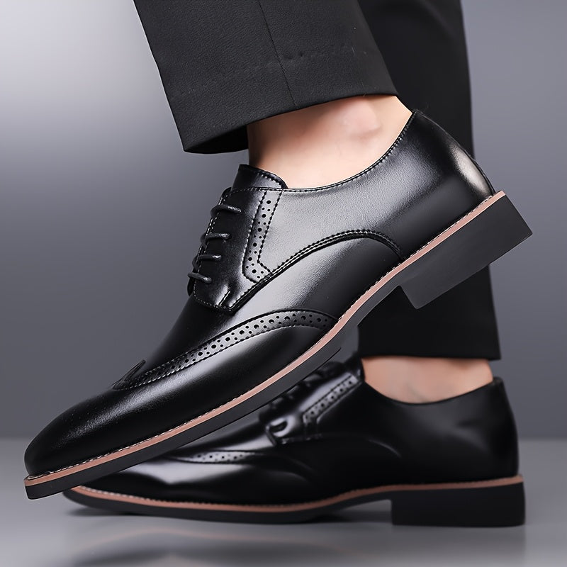 Brogue Dress Shoes Men's Black Leather Lace-Up Wingtip Oxfords – Office, Wedding, Formal, Business Gift