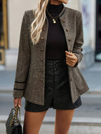 Button-Front Tweed Jacket Women's Long Sleeve Stand Collar Blazer – Office, Casual