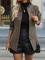 Button-Front Tweed Jacket Women's Long Sleeve Stand Collar Blazer – Office, Casual