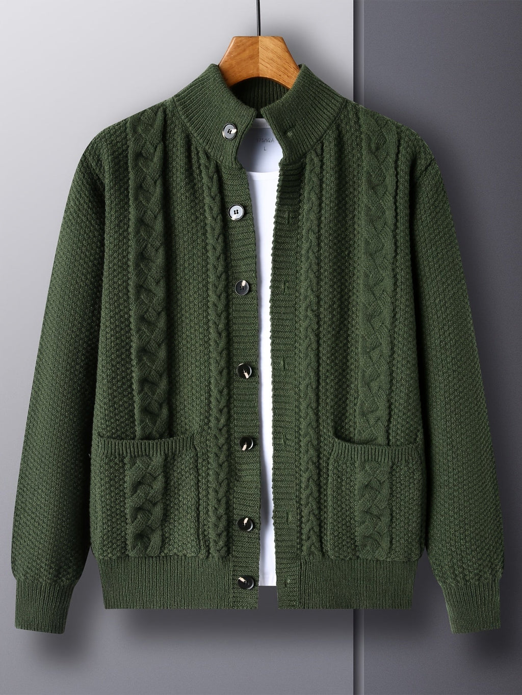 Cable Knit Cardigan Men's Button-Front Black Sweater with Pockets – Casual, Office