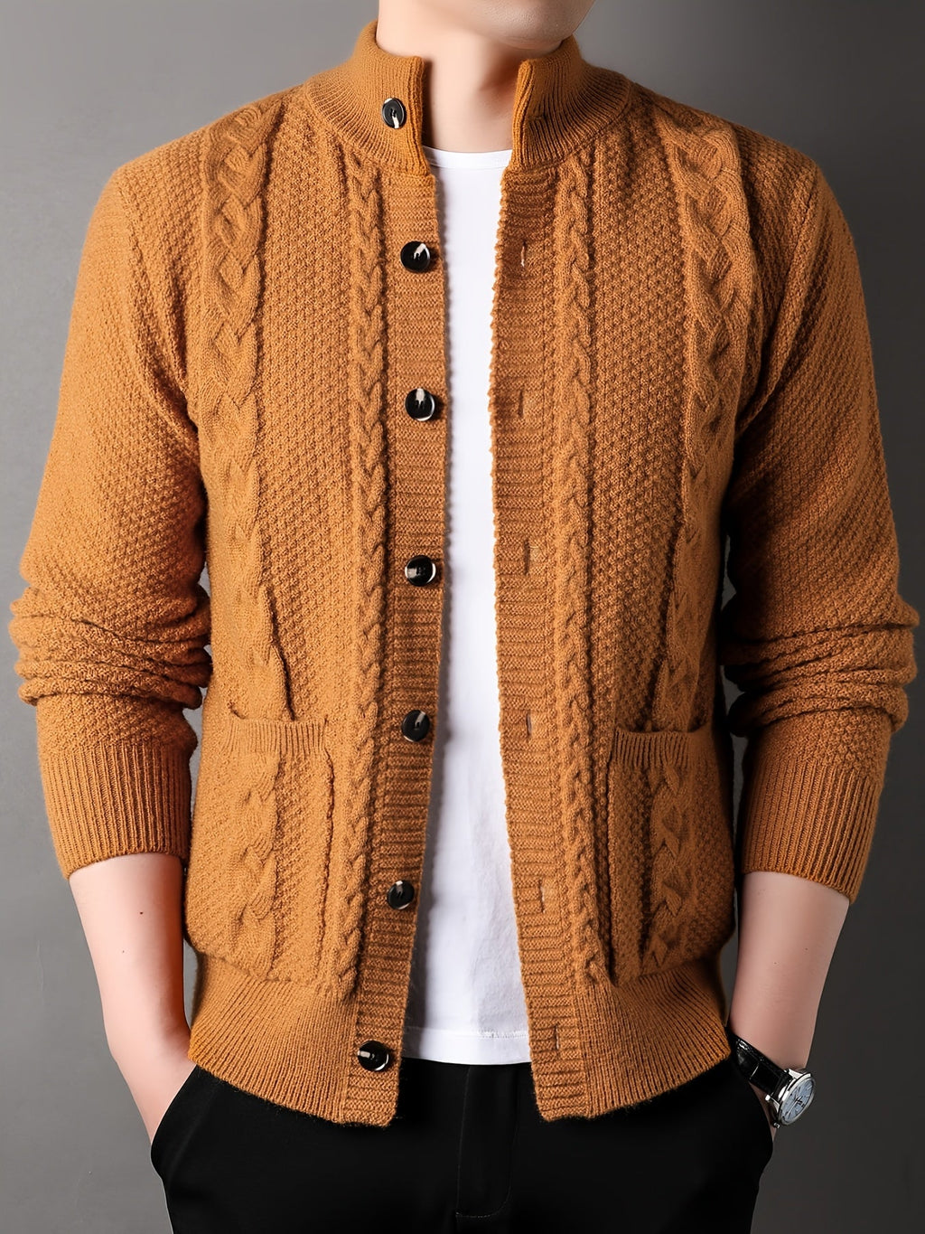 Cable Knit Cardigan Men's Button-Front Black Sweater with Pockets – Casual, Office