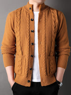 Cable Knit Cardigan Men's Button-Front Black Sweater with Pockets – Casual, Office