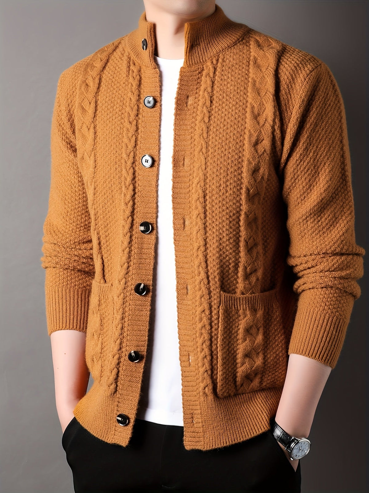 Cable Knit Cardigan Men's Button-Front Black Sweater with Pockets – Casual, Office