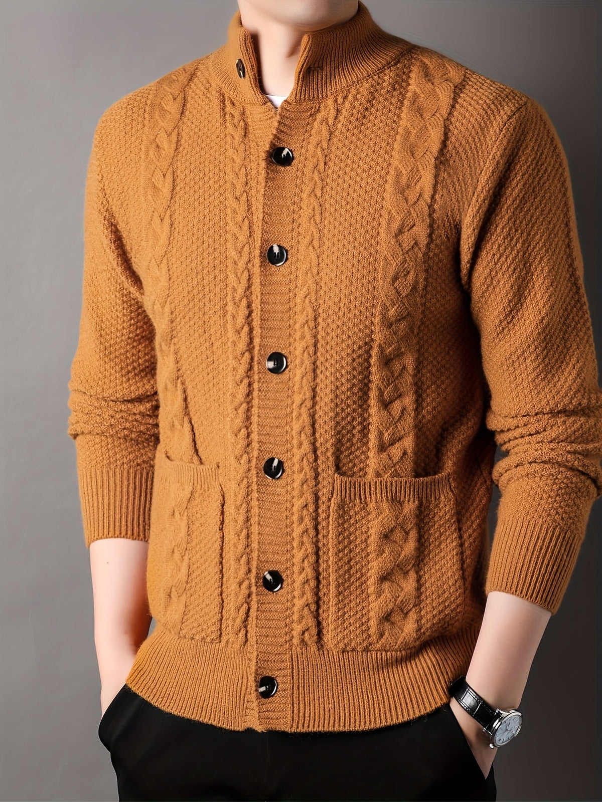 Cable Knit Cardigan Men's Button-Front Black Sweater with Pockets – Casual, Office