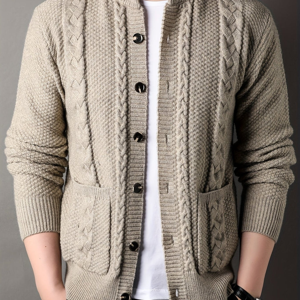 Cable Knit Cardigan Men's Button-Front Black Sweater with Pockets – Casual, Office