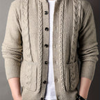 Cable Knit Cardigan Men's Button-Front Black Sweater with Pockets – Casual, Office
