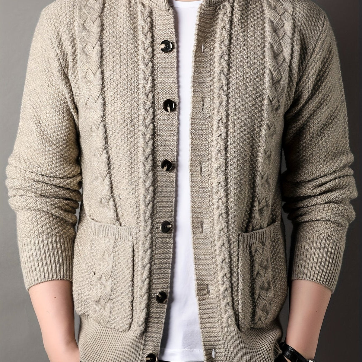 Cable Knit Cardigan Men's Button-Front Black Sweater with Pockets – Casual, Office
