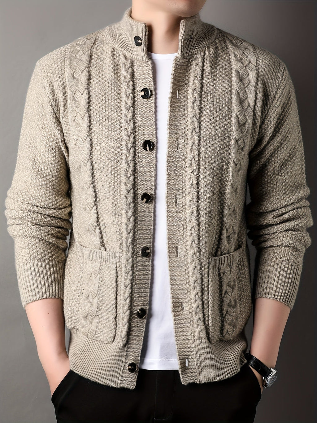 Cable Knit Cardigan Men's Button-Front Black Sweater with Pockets – Casual, Office