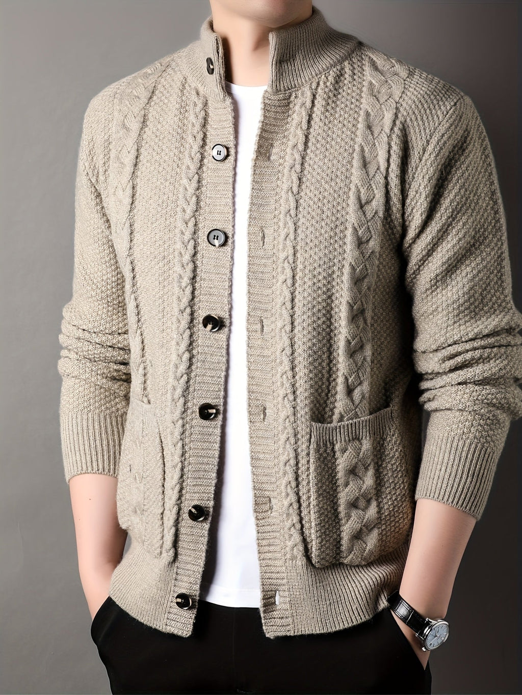 Cable Knit Cardigan Men's Button-Front Black Sweater with Pockets – Casual, Office