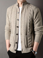 Cable Knit Cardigan Men's Button-Front Black Sweater with Pockets – Casual, Office