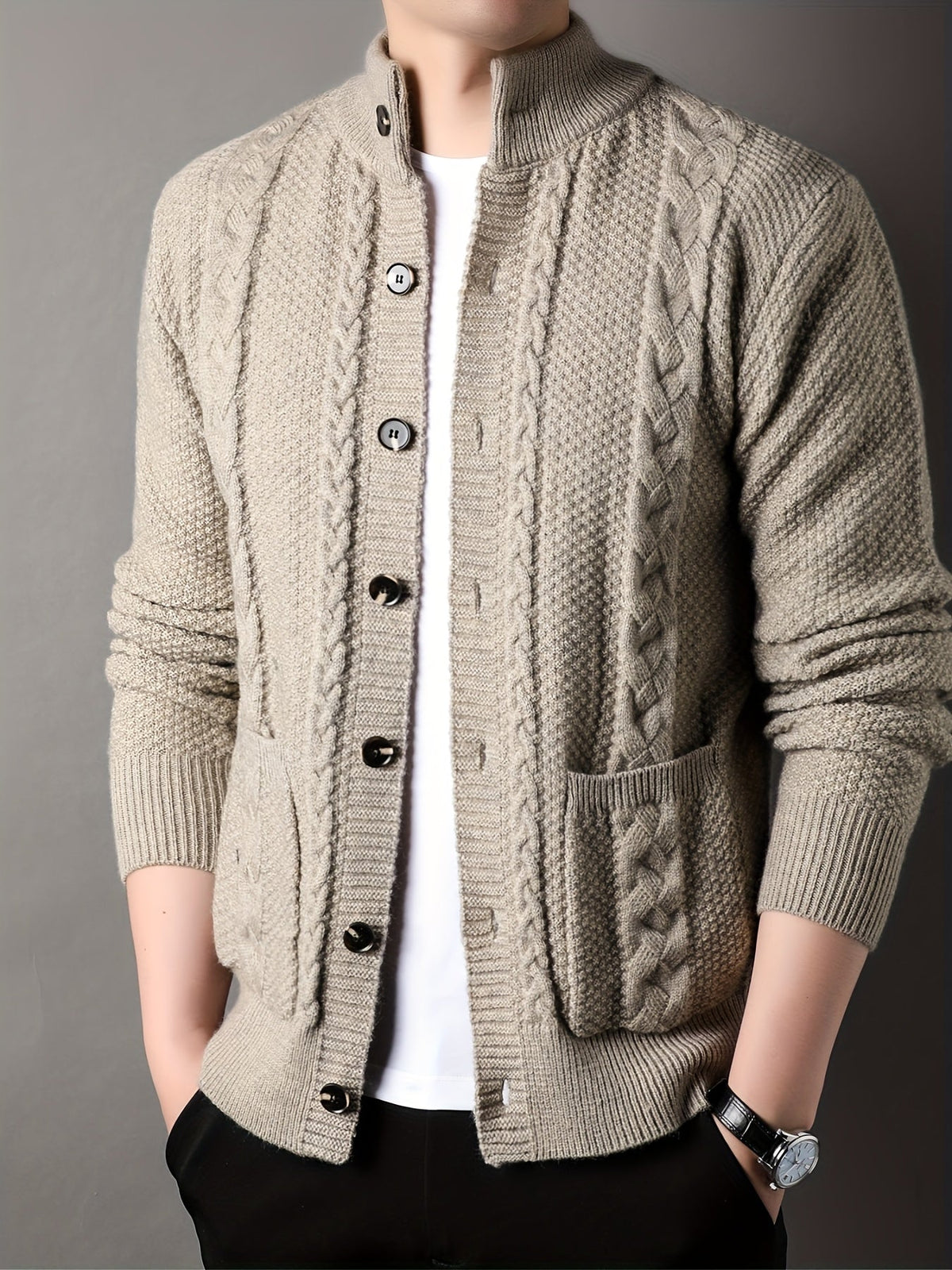 Cable Knit Cardigan Men's Button-Front Black Sweater with Pockets – Casual, Office