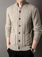 Cable Knit Cardigan Men's Button-Front Black Sweater with Pockets – Casual, Office