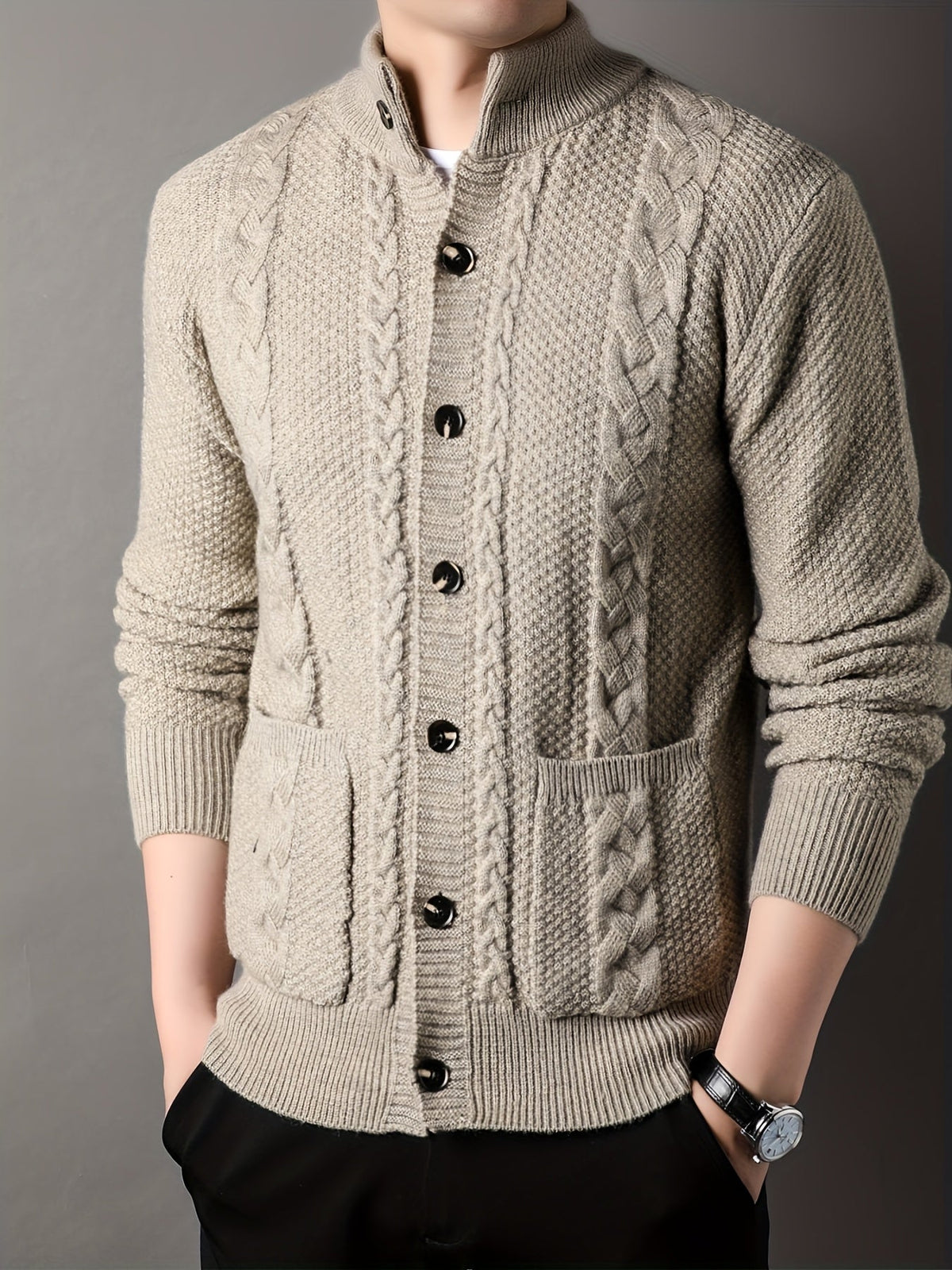 Cable Knit Cardigan Men's Button-Front Black Sweater with Pockets – Casual, Office