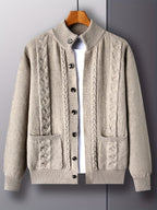 Cable Knit Cardigan Men's Button-Front Black Sweater with Pockets – Casual, Office
