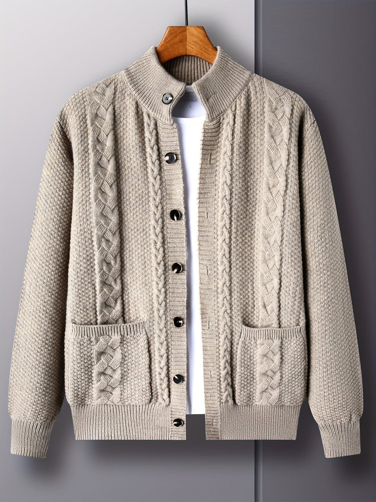 Cable Knit Cardigan Men's Button-Front Black Sweater with Pockets – Casual, Office