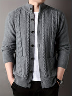 Cable Knit Cardigan Men's Button-Front Black Sweater with Pockets – Casual, Office