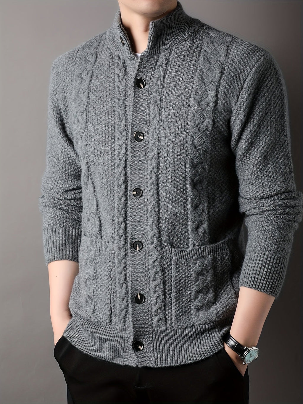 Cable Knit Cardigan Men's Button-Front Black Sweater with Pockets – Casual, Office