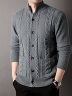 Cable Knit Cardigan Men's Button-Front Black Sweater with Pockets – Casual, Office