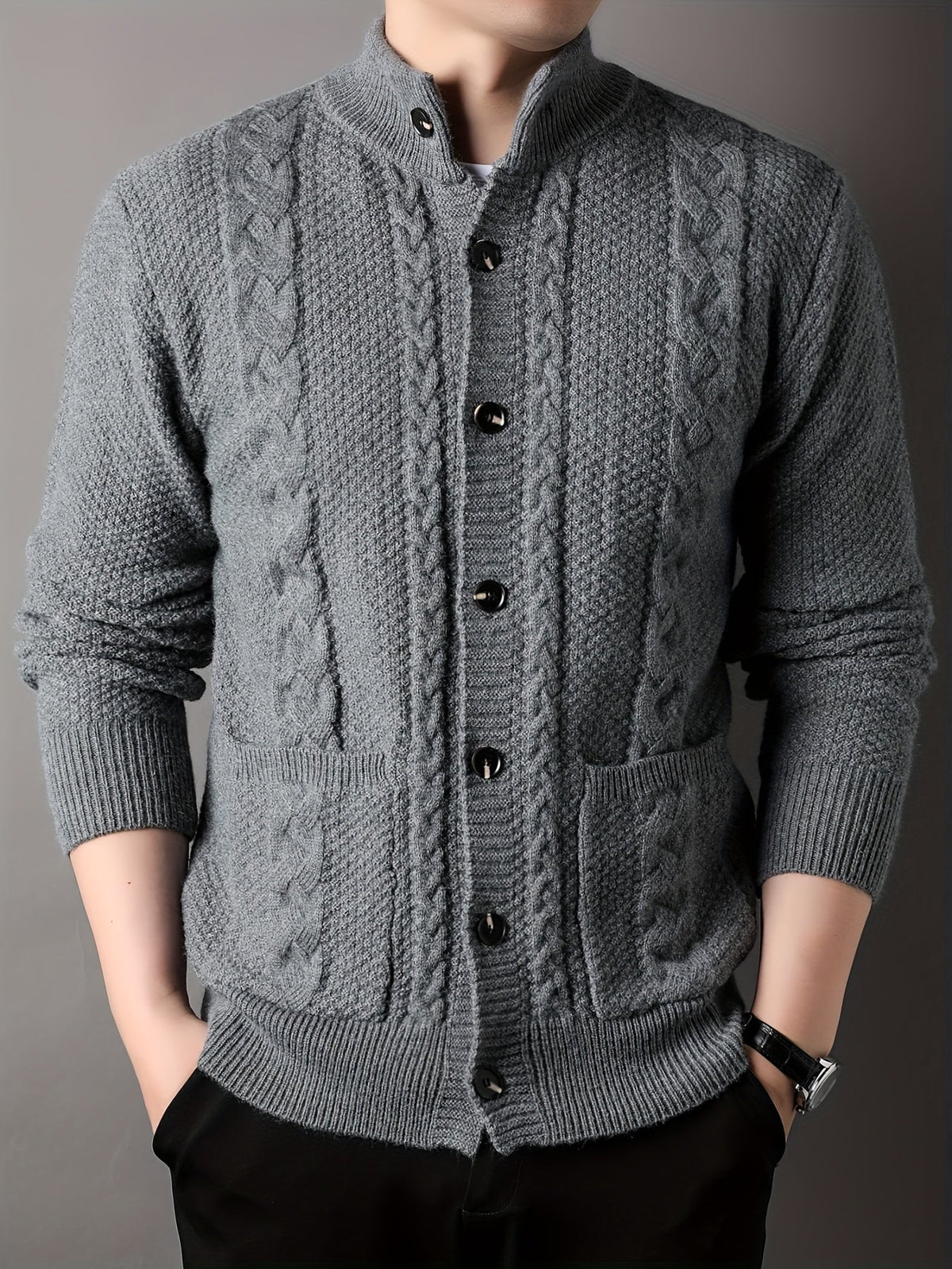 Cable Knit Cardigan Men's Button-Front Black Sweater with Pockets – Casual, Office