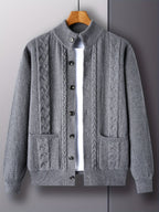 Cable Knit Cardigan Men's Button-Front Black Sweater with Pockets – Casual, Office