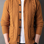 Cable Knit Cardigan Men's Button-Front Black Sweater with Pockets – Casual, Office