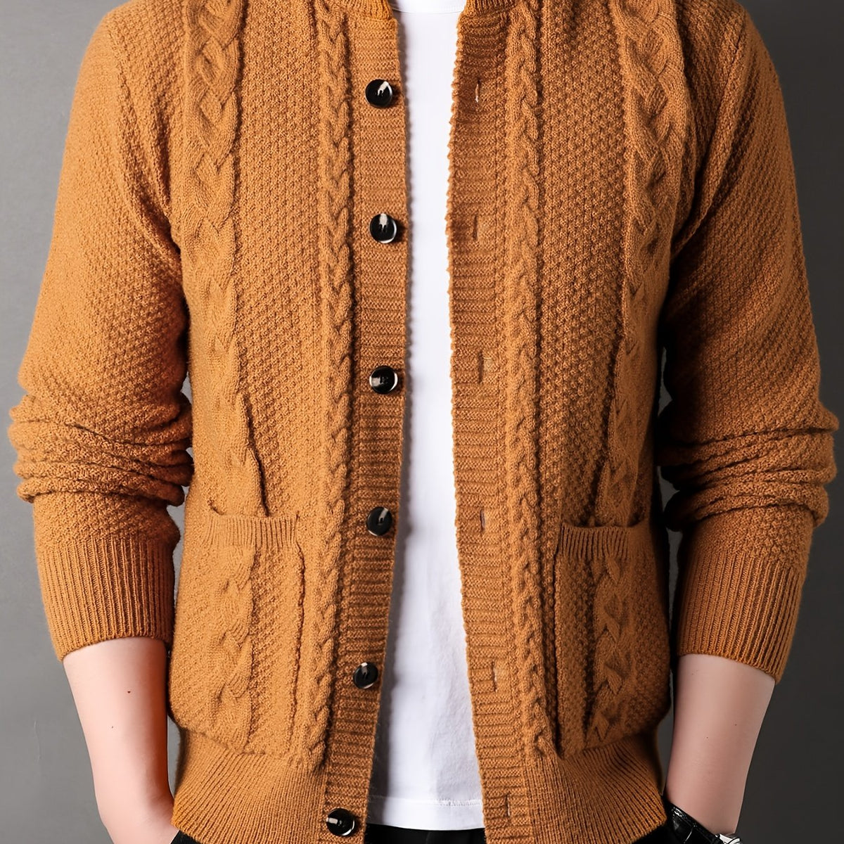 Cable Knit Cardigan Men's Button-Front Black Sweater with Pockets – Casual, Office