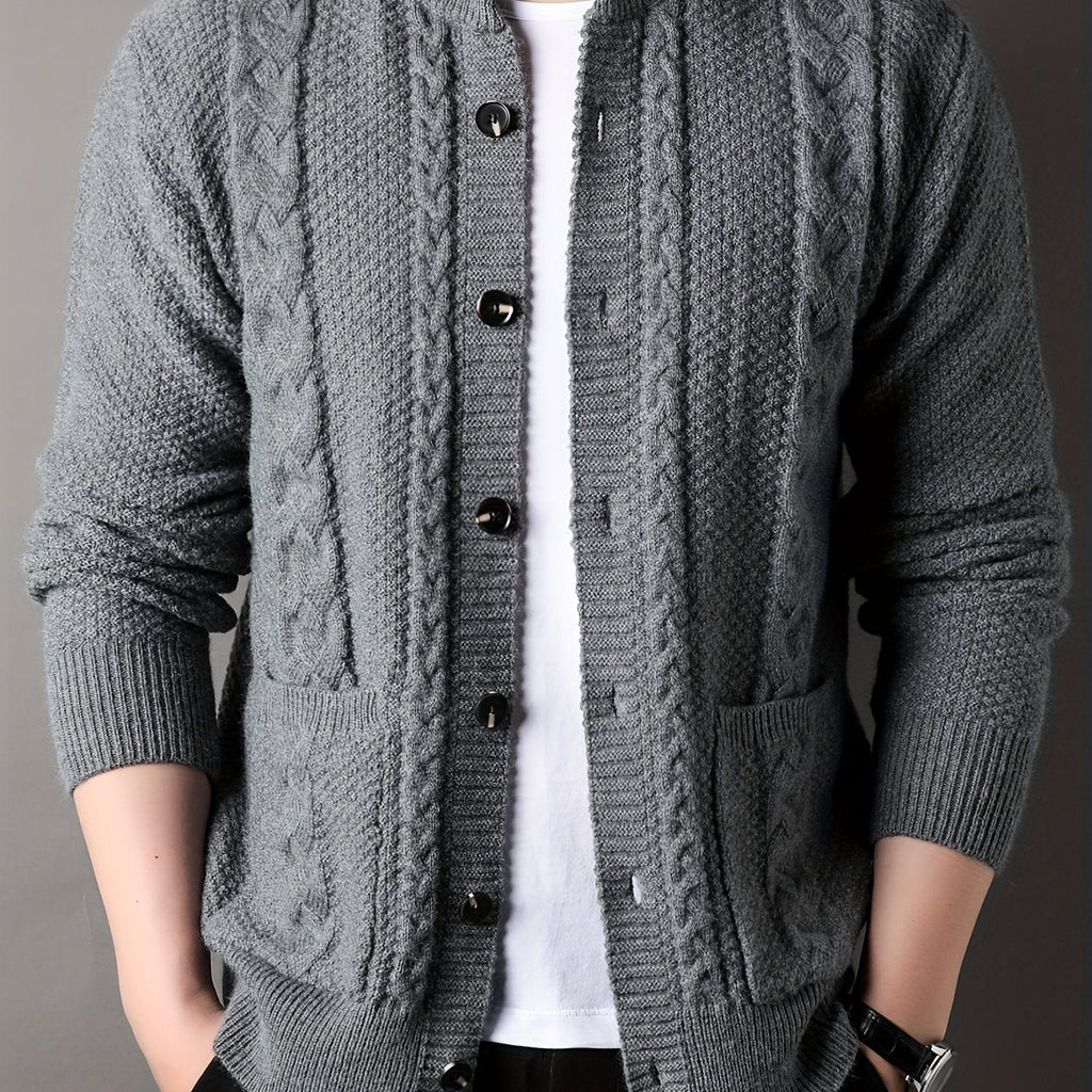 Cable Knit Cardigan Men's Button-Front Black Sweater with Pockets – Casual, Office