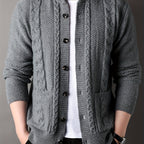 Cable Knit Cardigan Men's Button-Front Black Sweater with Pockets – Casual, Office