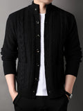 Cable Knit Cardigan Men's Button-Front Black Sweater with Pockets – Casual, Office