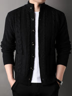 Cable Knit Cardigan Men's Button-Front Black Sweater with Pockets – Casual, Office