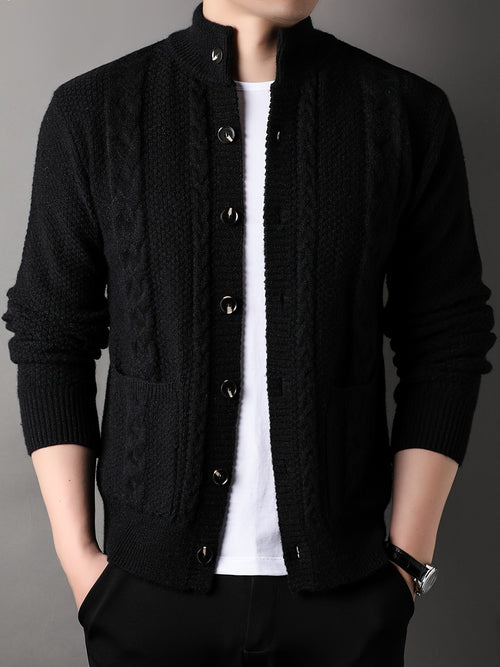 Cable Knit Cardigan Men's Button-Front Black Sweater with Pockets – Casual, Office
