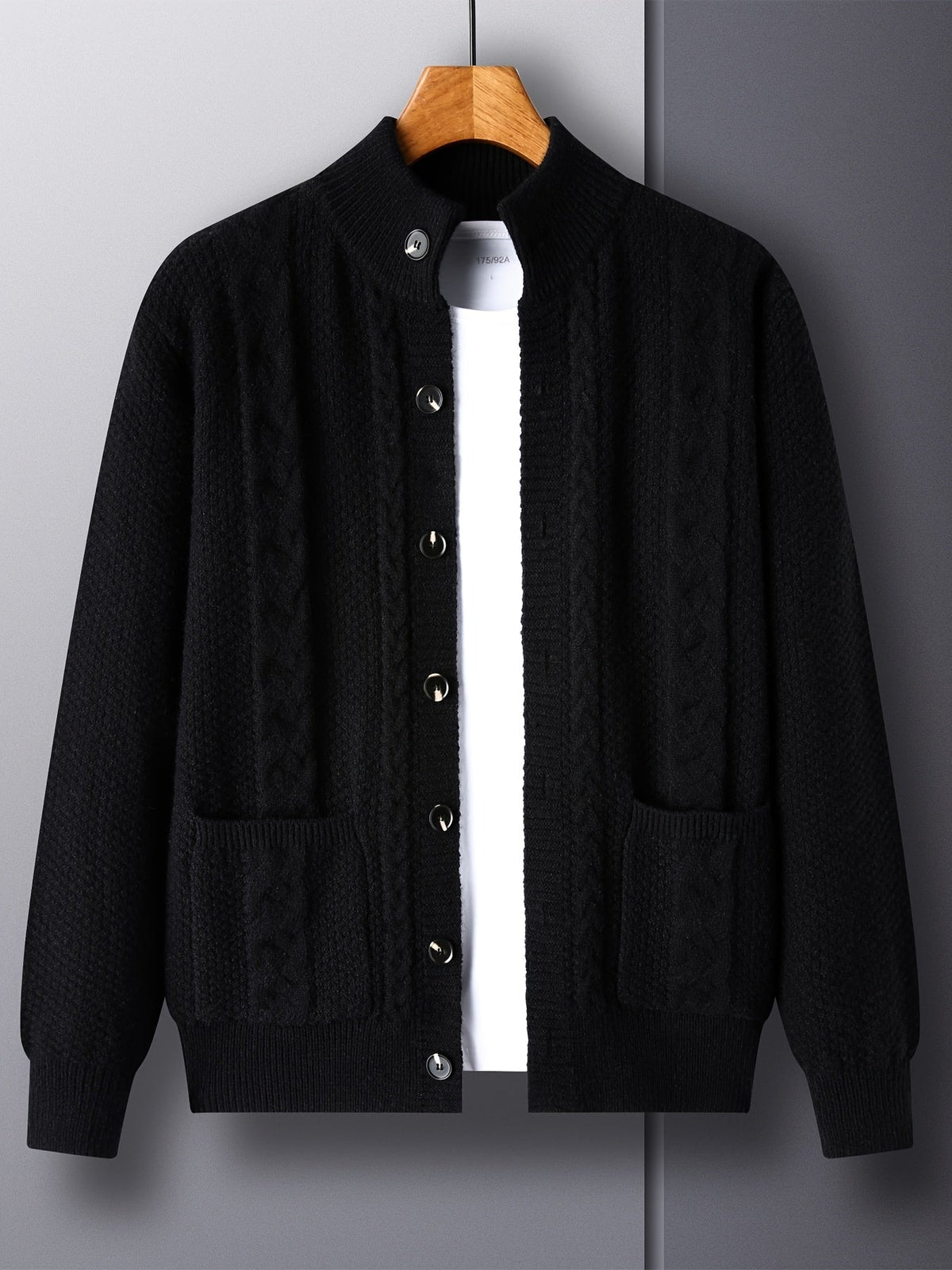 Cable Knit Cardigan Men's Button-Front Black Sweater with Pockets – Casual, Office