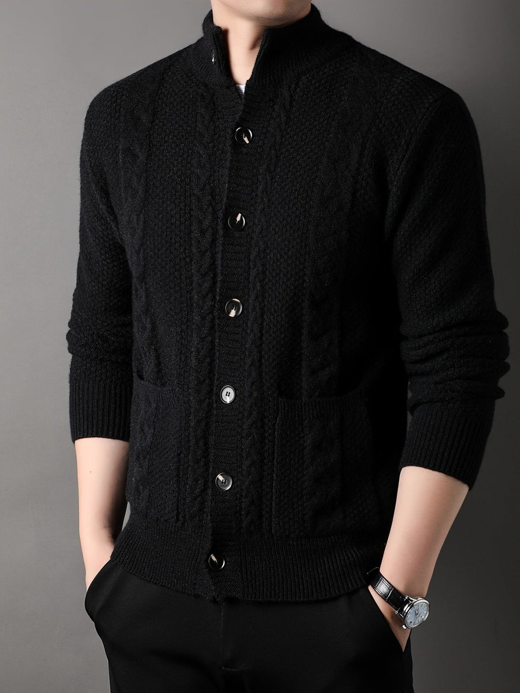 Cable Knit Cardigan Men's Button-Front Black Sweater with Pockets – Casual, Office