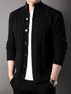 Cable Knit Cardigan Men's Button-Front Black Sweater with Pockets – Casual, Office