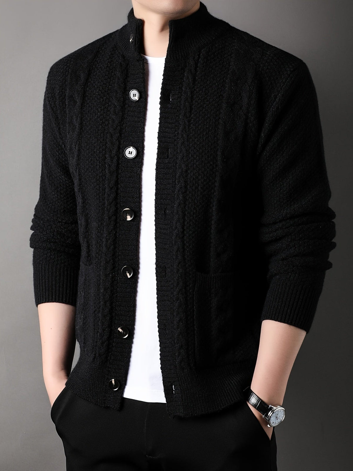 Cable Knit Cardigan Men's Button-Front Black Sweater with Pockets – Casual, Office