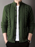 Cable Knit Cardigan Men's Button-Front Black Sweater with Pockets – Casual, Office